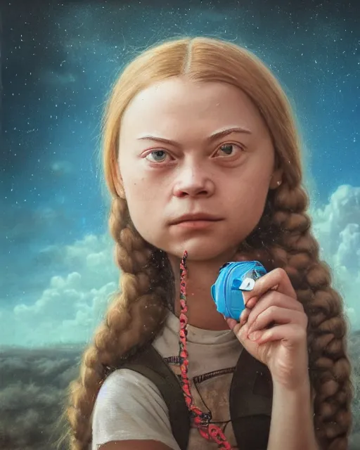 Prompt: closeup face profile portrait of greta thunberg as a soviet space toy, bikini, depth of field, zeiss lens, detailed and intricate environment, fashion photoshoot by nicoletta ceccoli, mark ryden, lostfish, breathtaking, 8 k resolution, artistic, hyperrealistic, octane render