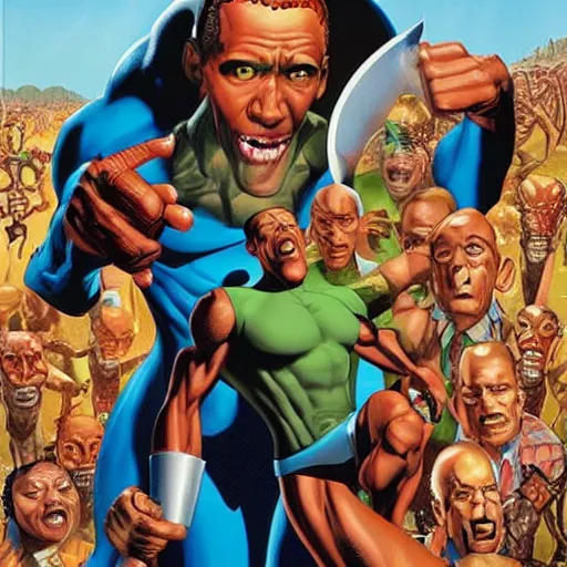 Prompt: comic book cover of'obama vs the giant ants ', art by alex ross