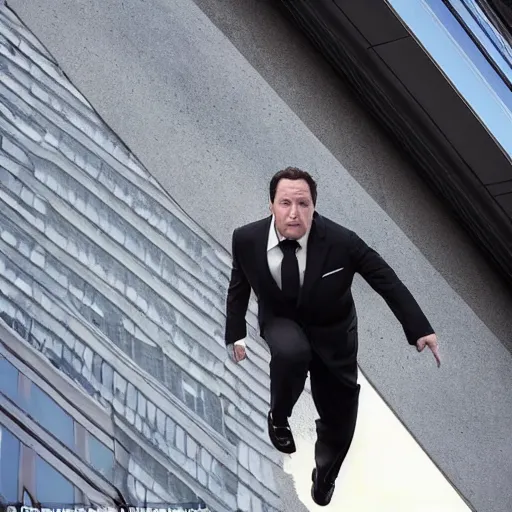 Image similar to Jon Favreau as clean-shaven Happy Hogan wearing a black suit and black necktie and black dress shoes is climbing up the side of a tall building in an urban city. The sky is filled with dark clouds and the mood is ominous.