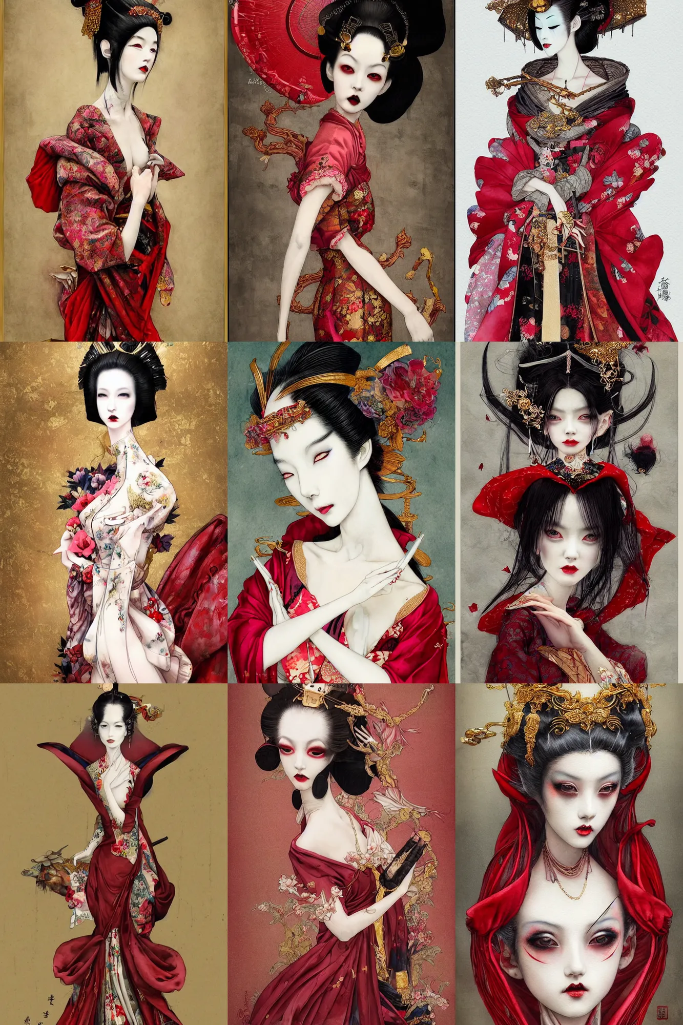 Prompt: watercolor painting avant - garde vogue portrait of a japanese bjd geisha vampire queen with a long neck in a victorian lolitafashion silk red dress painted by yoshitaka amano, tom bagshaw, ayami kojima, intricate detail, artstation, artgerm, in the style of dark - fantasy rococo, gold leaf art