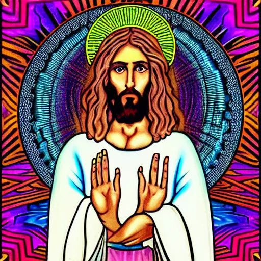 Image similar to psychedelic telepathic symmetric jesus christ in white robe floating art artgem mathematical maze patterns math rock