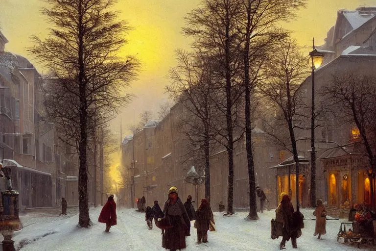 Prompt: pine tree-lined street at evening in a very beautiful Norwegian city in winter by Ludwig Deutsch and Rudolf Ernst, colorful scandinavian architecture, strong dramatic cinematic lighting, lost civilizations, smooth, sharp focus, extremely detailed