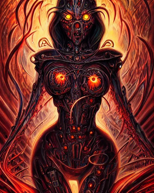 Image similar to mechanical charred bloody fleshmetal cyborg daemonhost woman psychedelic flamer of tzeentch, by antonio j. manzanedo, alex grey, android jones, wayne barlowe, philippe druillet, raymond swanland, cyril rolando, josephine wall, harumi hironaka, cronenburg, trending on artstation