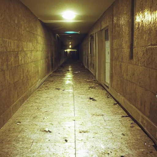 Prompt: an smiling old man in an abandoned hallway at night