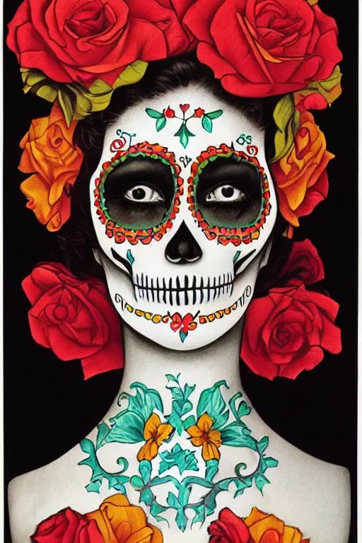 Image similar to illustration of a sugar skull day of the dead girl, art by alberto vargas