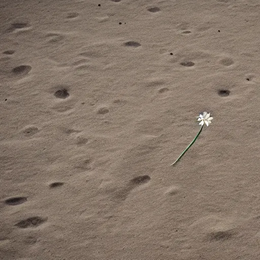 Prompt: a single small pretty flower blooms in the middle of a bleak arid empty desert.