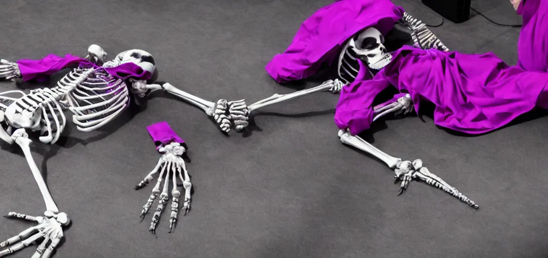 Image similar to the skeleton lies on the ground in front of the computer, magenta and blue