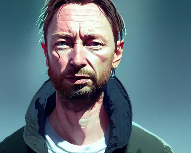 Image similar to highly detailed portrait of thom yorke, in gta v, stephen bliss, unreal engine, fantasy art by greg rutkowski, loish, rhads, ferdinand knab, makoto shinkai and lois van baarle, ilya kuvshinov, rossdraws, tom bagshaw, global illumination, radiant light, detailed and intricate environment