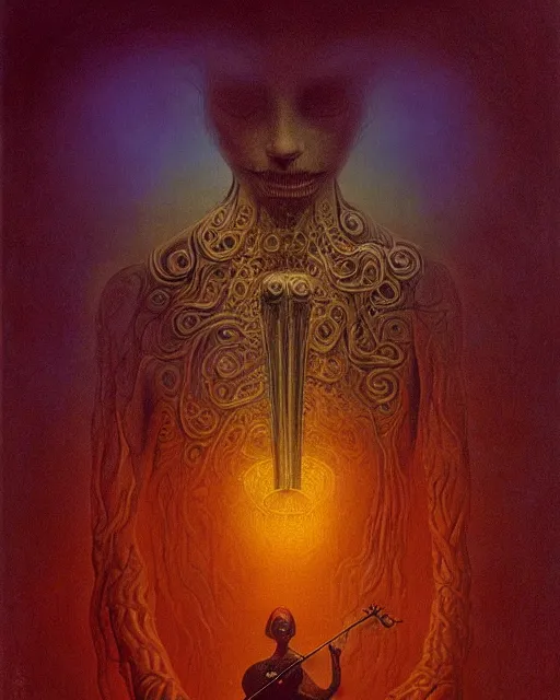 Prompt: a extremely detailed masterpiece of a violin singer in a steampunk, psychedelic symmetric lights and fog, opening a portal into another dimension, in the style of zdzislaw beksinski glowing light and shadow, hyperrealist, 8 k