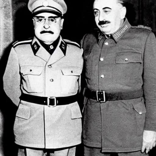 Prompt: 1942 photograph of Danny DeVito in a Soviet officer's uniform standing next to Joseph Stalin