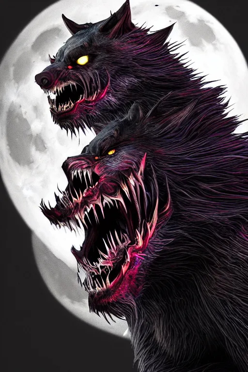 Image similar to a portrait of a scary snarling werewolf with sharp fangs and claws that is howling at the moon, highly detailed, digital photo, hdri, by christopher bretz and john carpenter, vivid colors, high contrast, 8 k resolution, intricate, photorealistic, smooth, psychedelic color scheme, concept art, award winning, cg society contest winner