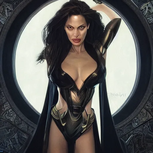 Image similar to full figure ultra realistic illustration, angelina jolie as batman, intricate, elegant, highly detailed, digital painting, artstation, concept art, smooth, sharp focus, illustration, art by artgerm and greg rutkowski and alphonse mucha