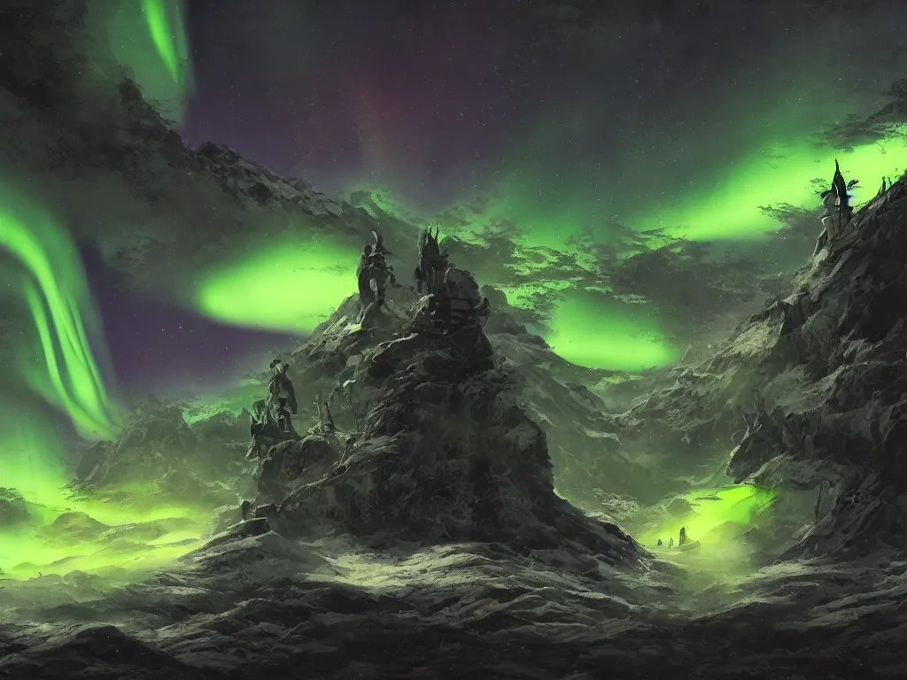 Prompt: northern lights, epic lighting, establishing shot, intricate, extremely detailed, digital painting, artstation, concept art, smooth, sharp focus, illustration, intimidating lighting, incredible art,