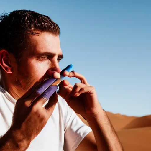 Image similar to portrait of a man in cameo sitting in the desert eating some delicious crayons, beautiful composition, 5 0 mm f 1. 8, ambient light