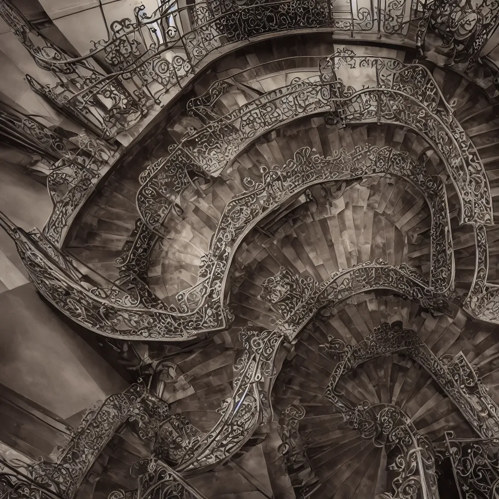 Prompt: a realistic art - nouveau spiral staircase. dark stairs. tall building, seen from the top. realistic shadows. detailed, octane render, hyperrealistic, very coherent, hyper realism, high detail, octane render, 8 k