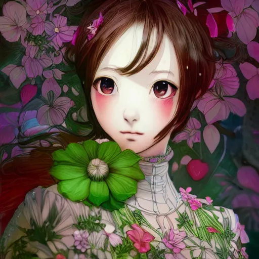 Prompt: the portrait of an absurdly beautiful, graceful, elegant, young sung yuri anime girl made of strawberries and green petals, an ultrafine hyperdetailed illustration by kim jung gi, irakli nadar, intricate linework, bright colors, octopath traveler, final fantasy, angular, unreal engine 5 highly rendered, global illumination, radiant light, detailed and intricate environment