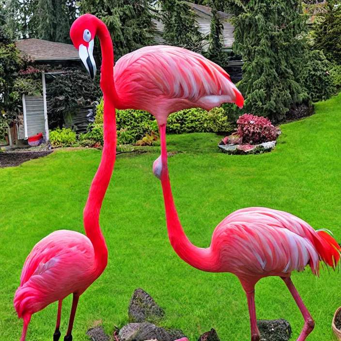 Image similar to spooky weird flamingo lawn monsters at vanvcouver,british columbia,canada