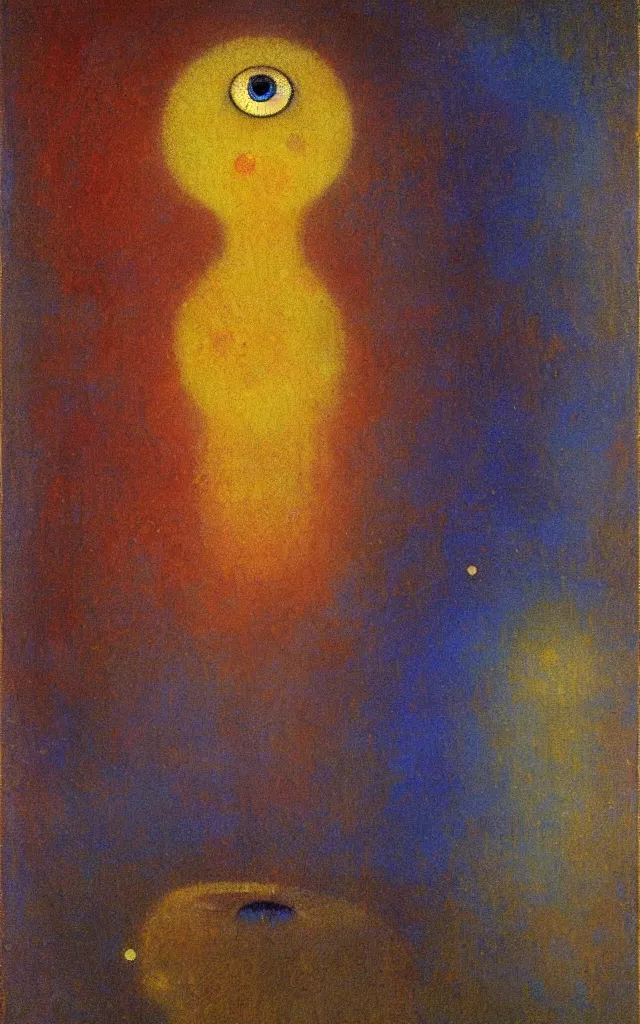 Image similar to iridescent spirit of wrath and fear cruel beautiful spirit with golden eyes lunar mythos ambient fog, award winning oil painting by Odilon Redon, lunar color palette