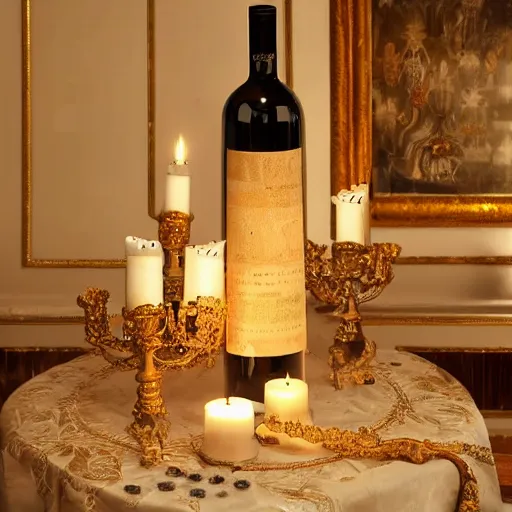 Prompt: luxurious baroque table with a single candle and wine bottle, warmly lit, zen, soft lighting, romantic