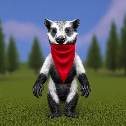 Image similar to a humanoid upright friendly badger walking on white background towards the camera, he‘s wearing a red neckerchief, clean digital render