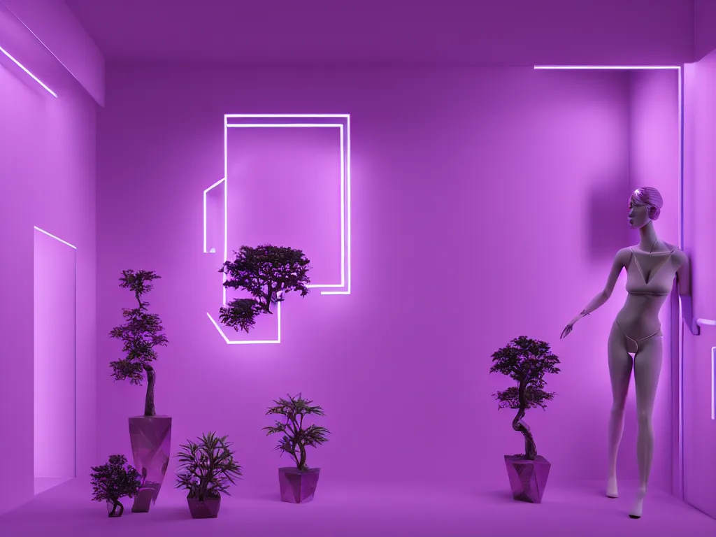 Image similar to beautiful mannequin sculpted out of amethyst by billelis + lit with geometric neon + iridescent geometric cubed bonsai plants!!!!, doorway opening with neon pink geometric light, clean linework, dramatic, finely detailed, rule of thirds, moody, award winning, 4 k, trending on artstation, photorealistic, volumetric lighting, octane render