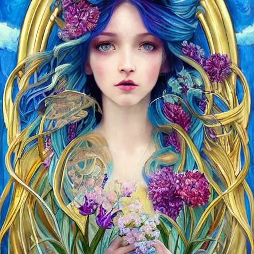 Image similar to breathtaking detailed painting by pilyeon and teffish on artstation, a full shot queen with long flowing bright blue hair, gauze dress and pastel flowers petals and golden tumultuous clouds, symmetrical facial features, at dawn in front of a pristine golden art nouveau cathedral, elegant, highly detailed, artstation, concept art, matte, sharp focus,