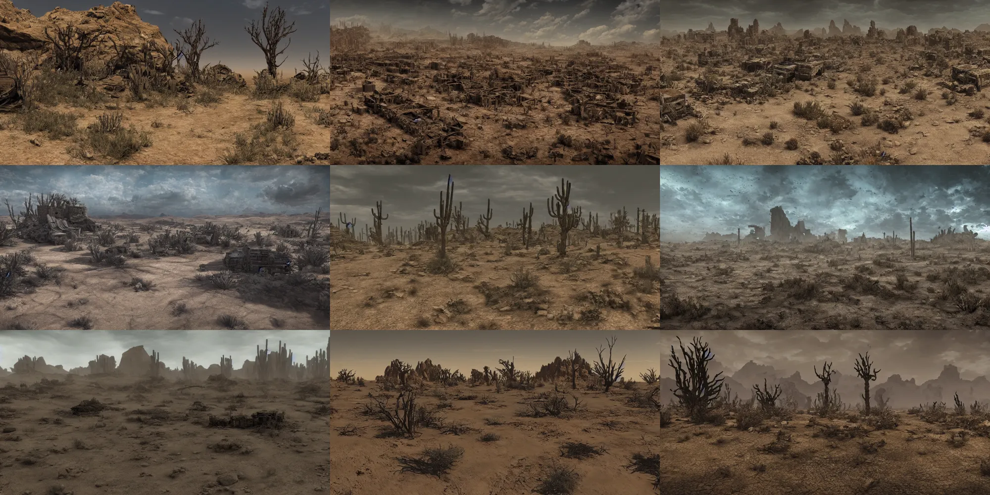 Prompt: post apocalyptic terrain in the desert. ominous, photorealistic,