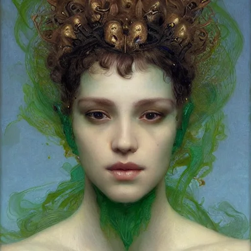 Image similar to epic masterpiece full body portrait a head with many screaming faces, beautiful faces and flawless skin, perfect hands, emeralds by Edgar Maxence and Ross Tran and Michael Whelan