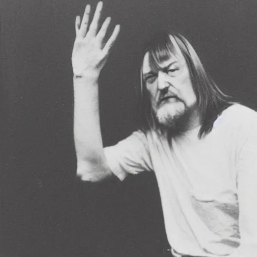 Prompt: punk robert wyatt flipping off the camera