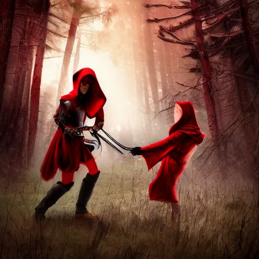 Image similar to red riding hood warrior fending off a werewolf