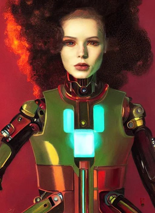 Image similar to symmetry!!! closeup portrait of a cyborg vape girl, fashion mechanic jumpsuit with shiny shoulder pads, cinematic light, windy, red green, volumetric smoke, mist, by gerald brom, by mikhail vrubel, by peter elson, muted colors, extreme detail, trending on artstation, 8 k