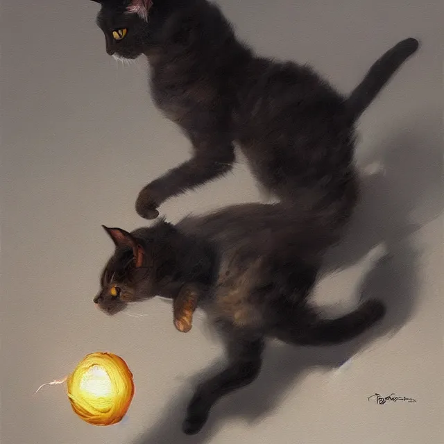 Prompt: a painting of a cat chasing a ball of yarn by greg rutkowski, dark fantasy art, high detail, trending on artstation