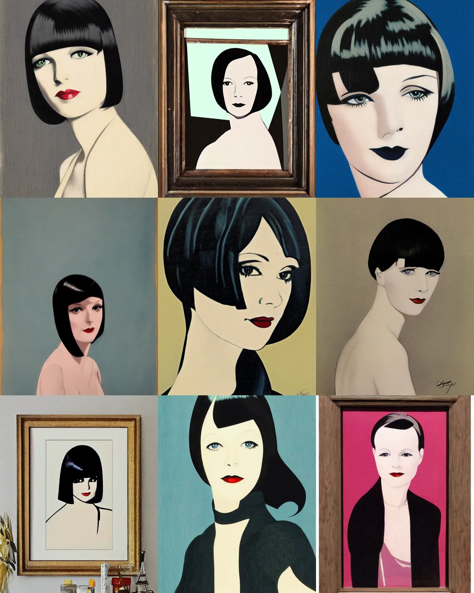 Prompt: painting of mary louise brooks 2 0 years old, bob haircut, portrait by nicolay diulgheroff and patrick nagel, 1 9 2 0 s, art decos