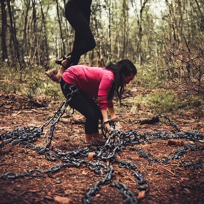 Prompt: a closeup of a woman dragging a pile of chains, in a forest, by Omar Z. Robles, CANON Eos C300, ƒ1.8, 35mm, 8K, medium-format print