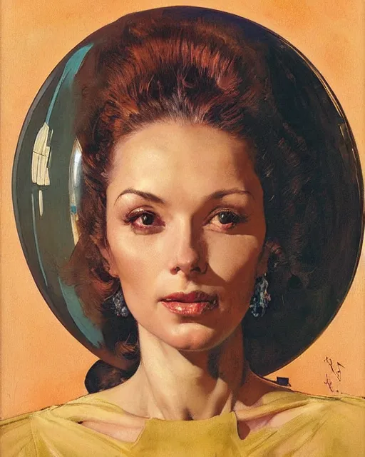 Image similar to head portrait of elegant striking mature space woman, empress, by norman rockwell, roberto ferri, daniel gerhartz, edd cartier, jack kirby, howard v brown, ruan jia, tom lovell, frank r paul, dean cornwell, astounding stories, amazing, fantasy, other worlds