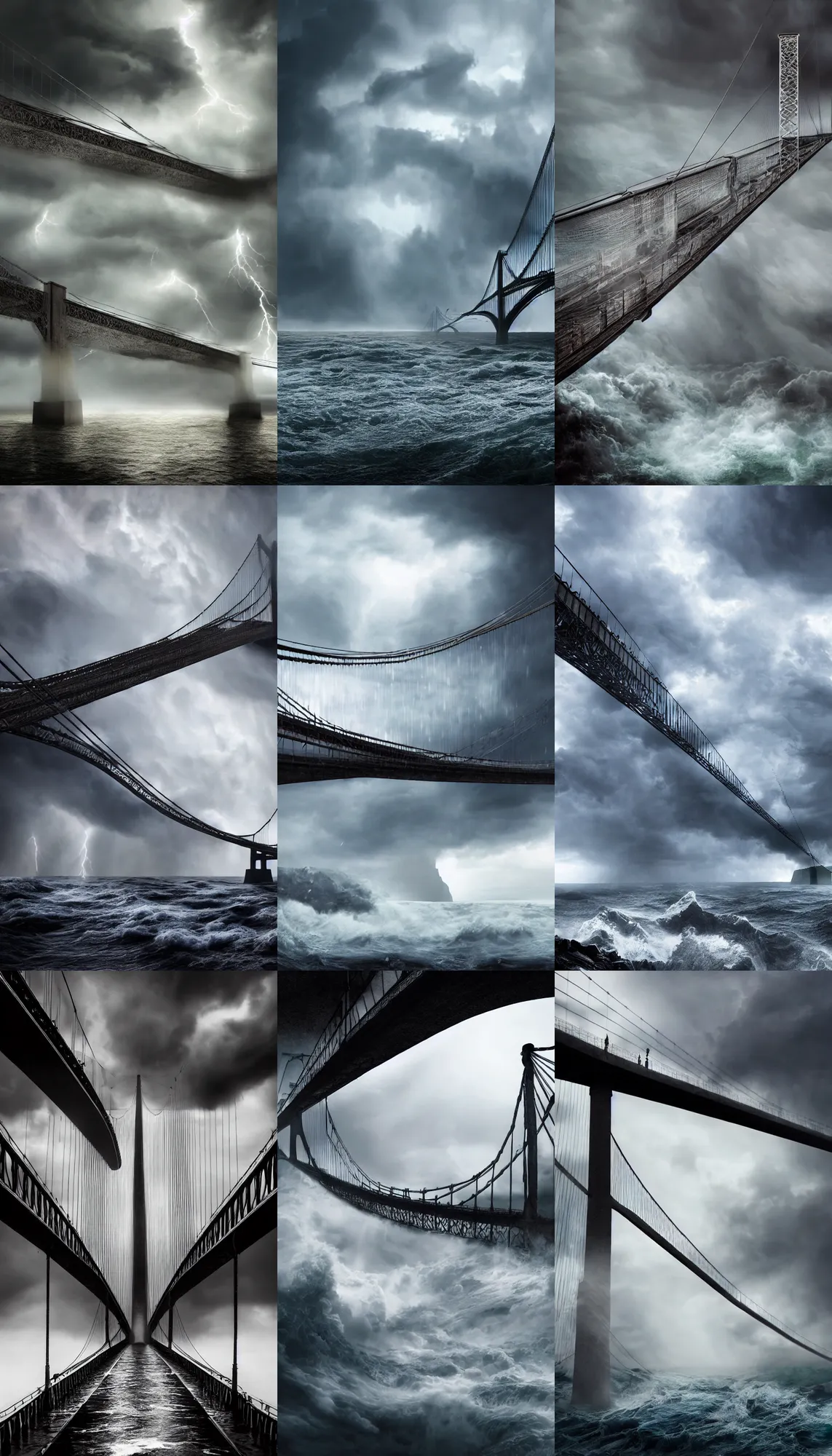 Prompt: Epic Realistic Eerie picture of a huge suspension bridge over stormy ocean, ocean waves, storm, lighting, beautiful detailed stormy clouds over a huge bridge over troubled dark water, Elaborate, Highly Detailed Architecture trending on Artstation hyperdetailed detailed matte painting Unreal Engine Art of Illusion mysterious ominous ethereal expansive, 4K 64 megapixels 8K resolution DSLR HDR Cinema 4D IMAX detailed hyperdetailed photorealistic concept art detailed painting deviantart hyperrealism trending on Artstation Unreal Engine,landscape polished photorealistic landscape polished photorealistic Photorealism, lifelike Geometric, realistic, amazing depth expansive realistic photo-like painting by Caspar David,highly intricate, sophisticated and complex digital painting, hyperrealism, Cinema 4D, 8k resolution, 64 megapixels, CGSociety, ZBrushCentral, behance HD, hypermaximalist, a masterpiece,erie disturbing anxious epic amazing disturbing causing anxiety,soft focus macro lens macro photography panorama golden hour filmic long exposure Art of Illusion Artrift AutoCAD rendered in Blender shadow depth Sketchlab r/Art deviantart