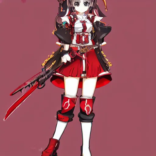 Prompt: Houshou Marine. Hololive character. Anime girl, 宝鐘マリン. Red pirate outfit and black pirate tricorn. brickred outfit colorscheme. Full body anime. Her name is Houshou Marine. Anime cute face