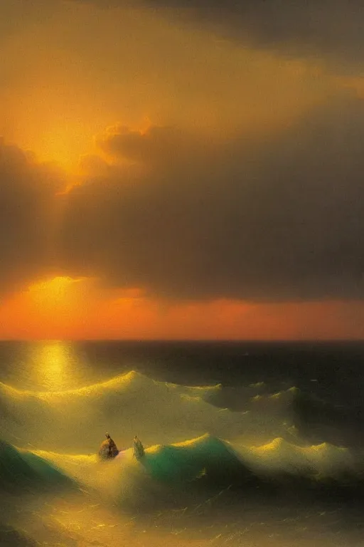 Image similar to strong waves in the sea in a sunset, in style of Aivazovsky, hypermaximalistic, high details, cinematic, 8k resolution, beautiful detailed, insanely intricate details,