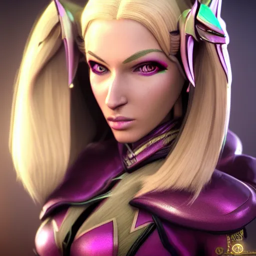 Image similar to portrait of a beautiful female high elf with tan skin, magenta eyes, dark hair. 3 d octane render trending on art station 8 k