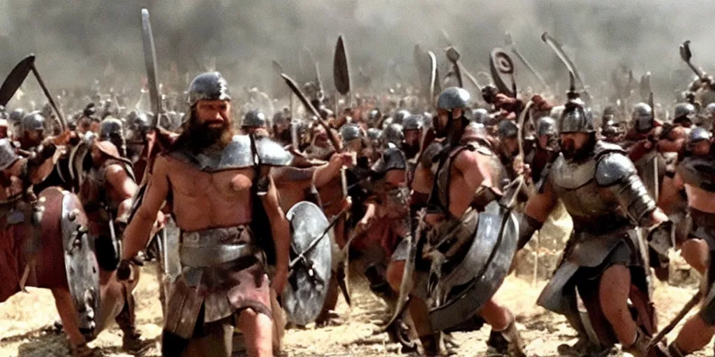 Prompt: Bernie Sanders as Leonidas, with Leonidas beard, leading Spartans into battle at Battle of Thermopylae, in screenshot from the 300 movie