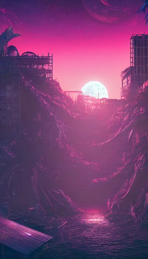 Image similar to reclaimed by nature by moon hoon, darkacademia atlantis cosmic san andreas at dawn neon signs tokyo synthwave universe, archdaily, wallpaper, highly detailed, trending on artstation.