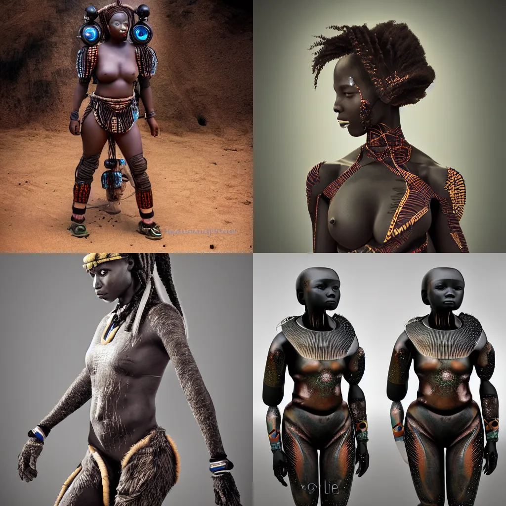 Image similar to beautiful afrofuturistic himba women, otjize, led detailed spacesuit, himba hairstyle, robotic arms, hyperrealistic, scifi, retouched photograph, dark, muted colors