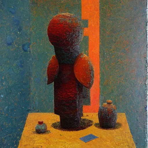 Image similar to an impasto painting by shaun tan of an abstract sculpture by the caretaker and ivan seal ( 1 9 0 0 )