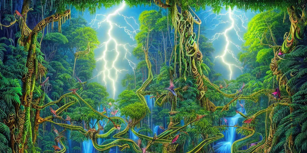 Prompt: visionary art, rainforest trapped within a lightning bolt, with great birds, rich geometry, precise and incredibly highly detailed intricate 8 k wallpaper, john stephens, lisa frank, intricate stunning award winning masterpiece trending on artstation