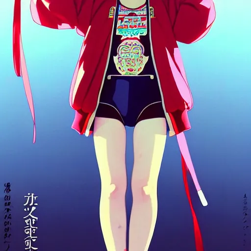 Image similar to a beautiful japanese natalie portman gravure model, wearing oversized native designer bomber jacket and leotard with overalls, bulky poofy bomber jacket with mesoamerican patterns, mesoamerican native street fashion, gapmoe yandere grimdark, trending on pixiv fanbox, painted by greg rutkowski makoto shinkai takashi takeuchi studio ghibli, akihiko yoshida