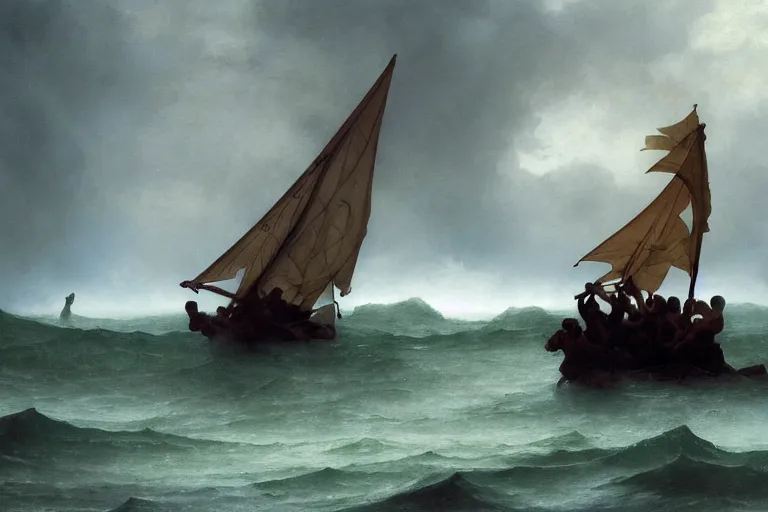 Image similar to ancient historically accurate depiction of Bible Character walking on water during a storm, a small fishing sailboat with scared sailors on board, dramatic lighting by frank miller, illustration by Ruan Jia and Mandy Jurgens and William-Adolphe Bouguereau, Artgerm, 4k, digital art, surreal, space dandy style, highly detailed, godsend, artstation, digital painting, concept art, smooth, sharp focus, illustration by Ruan Jia and Mandy Jurgens and William-Adolphe Bouguereau, Artgerm
