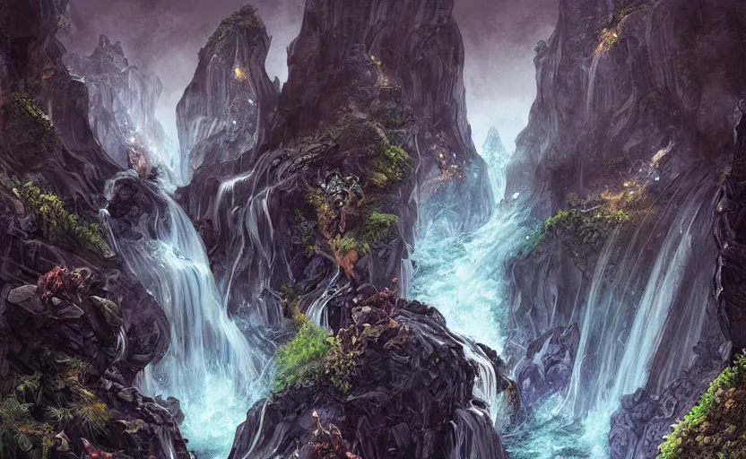 Prompt: a dark basalt cave system, trickling lava falls and streams, winding passageways, fantasy digital painting, stunning, intricate details, artwork by ross tran and artgerm
