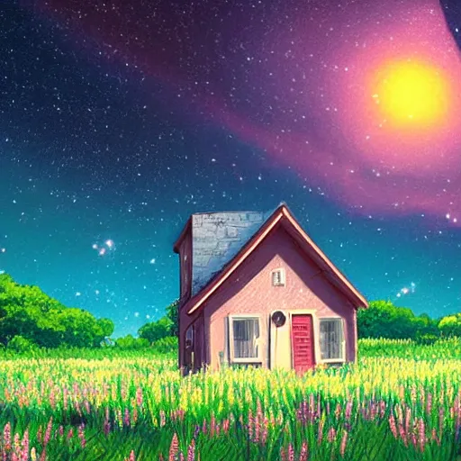 Image similar to A small lonely house in the middle of a flowery field. Beautiful view of the milky way in the night sky. Wide angle shot, award-winning digital art in the anime style by studio Ghibli