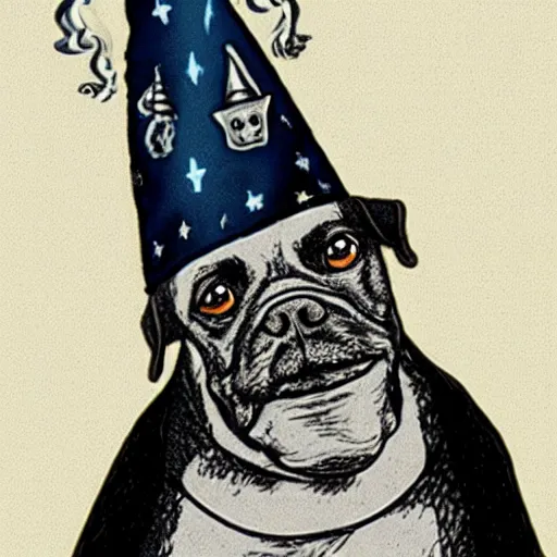 Image similar to dog with a wizard cap casting a spell