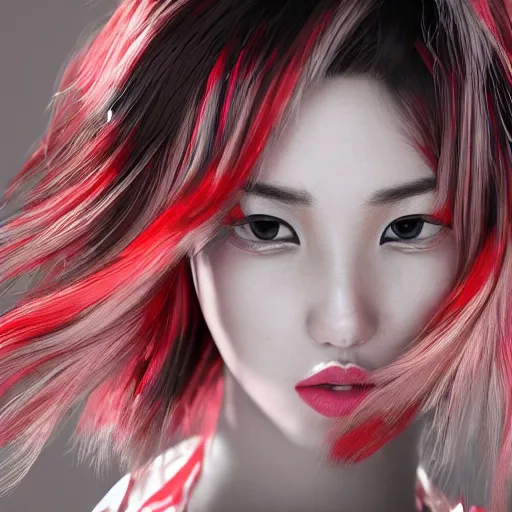 Image similar to Japanese model with maximalist hair style and makeup, bright colors, fashion model, unreal engine octane, red and white, portrait, gliter, depth of field, 8k, hyper detailed, intricate, trending on artstation